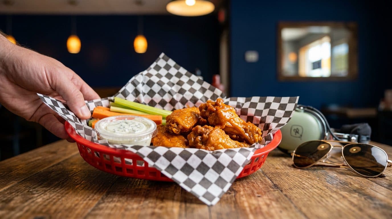 A red plastic basket of sauced wings with celery, carrots and a cup of blue cheese set down on a table