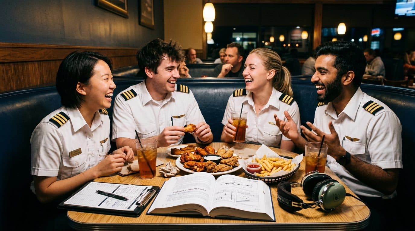 Flight students in white uniform shirts laughing in a booth over wings and fries, a headset and a textbook on the table
