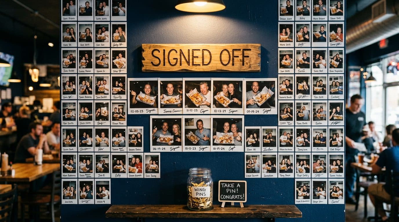 A wall of instant photos of grinning customers under a sign reading Signed Off