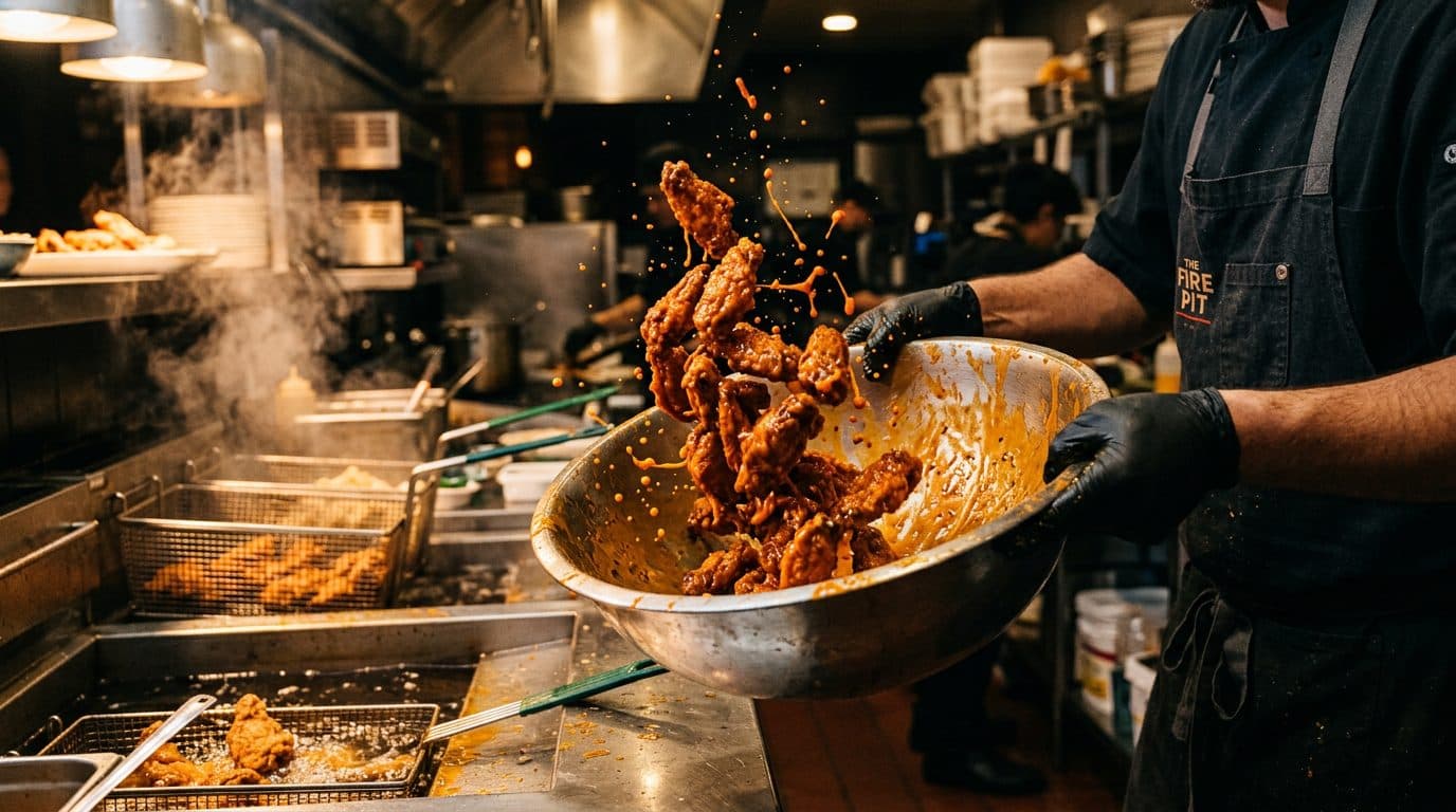 A cook tossing fried wings in orange Buffalo sauce in a steel bowl over the fryer station
