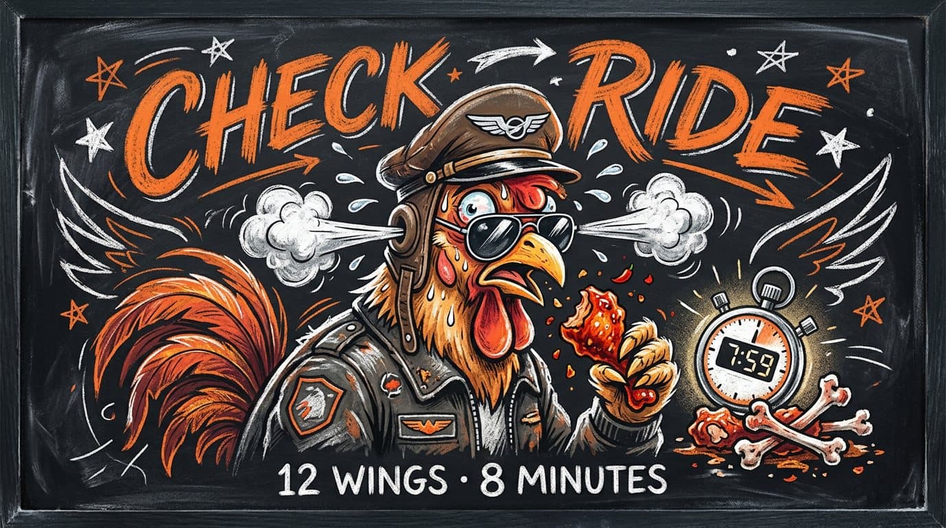 Chalkboard drawing of a sweating rooster pilot in aviator sunglasses with steam blowing from his ears, holding a fiery wing next to a stopwatch reading 7:59, under the words Check Ride