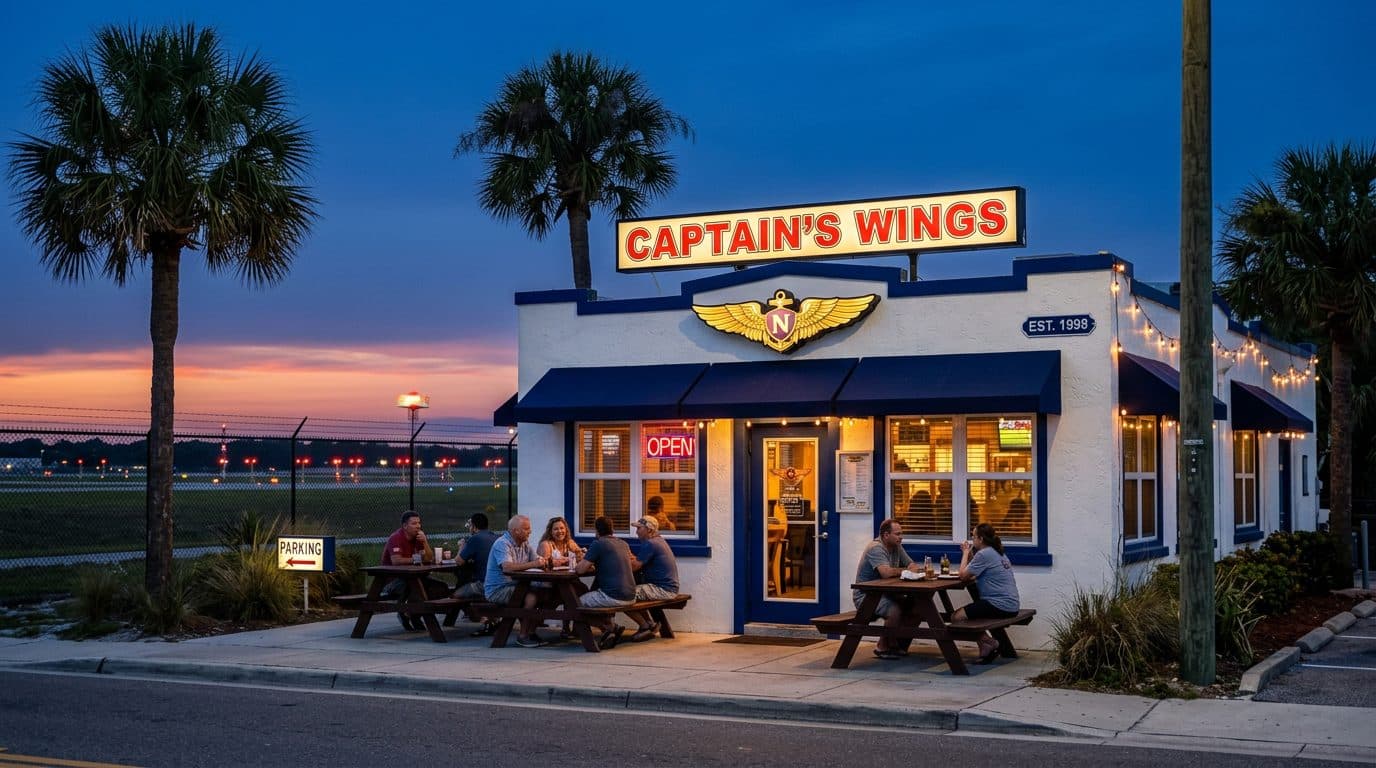 The Captain's Wings building at dusk with a gold wings sign, palm trees, and airport lights beyond the fence
