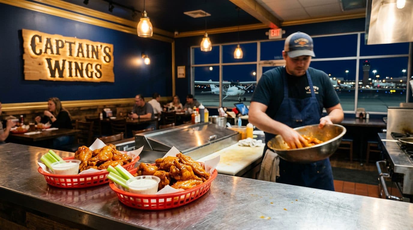 Inside Captain's Wings at night: a cook tossing wings in a steel bowl at the open kitchen, baskets of wings on the counter, and a small airplane on the lit ramp through the front windows