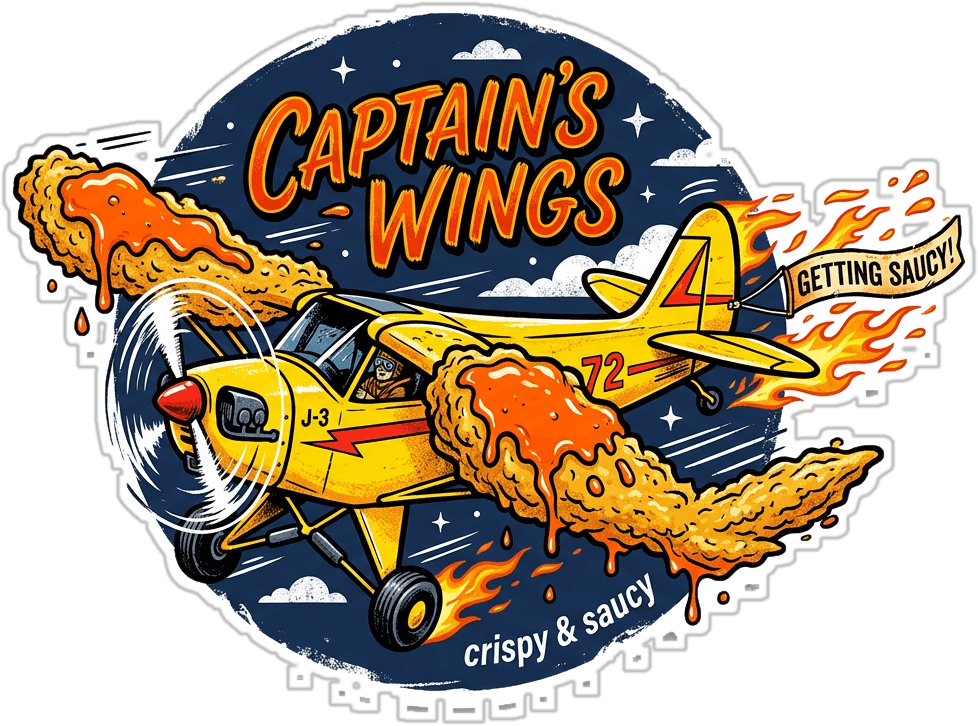 Captain's Wings logo: a yellow Piper Cub flying on two sauced fried chicken wings